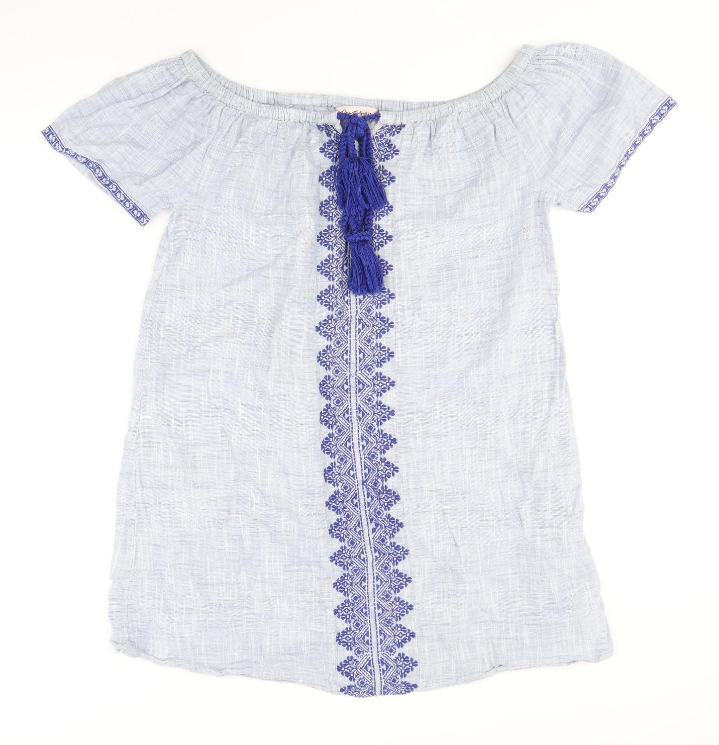 Miss Selfridge Womens Blue Geometric 100% Cotton Shift Size 12 Off the Shoulder Tie