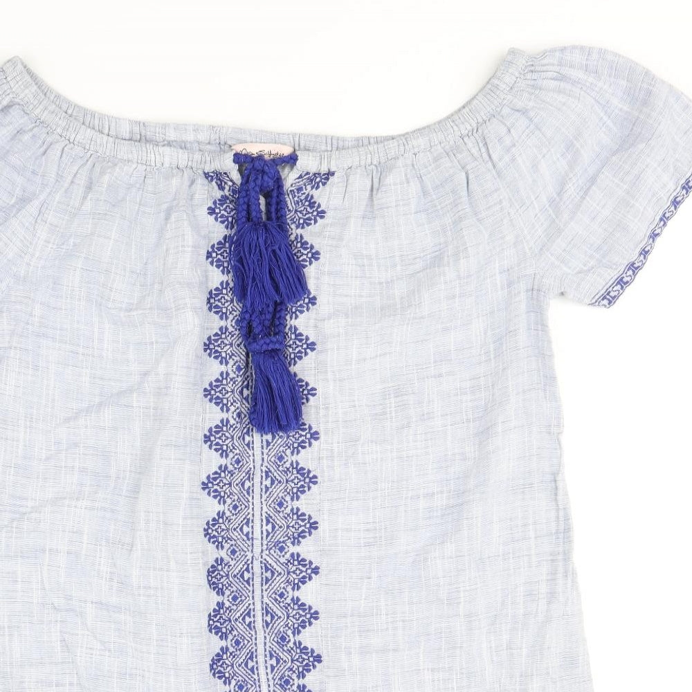 Miss Selfridge Womens Blue Geometric 100% Cotton Shift Size 12 Off the Shoulder Tie