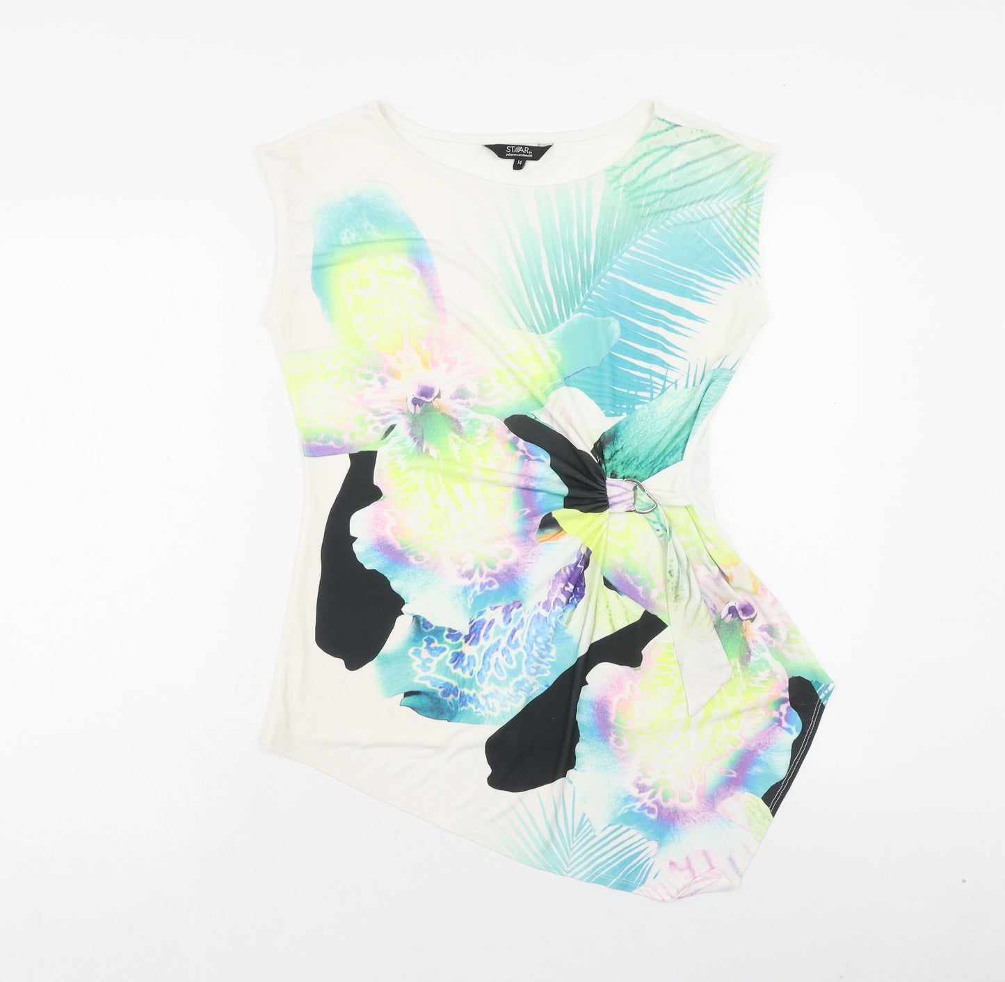 Debenhams Womens Multicoloured Floral Polyester Basic Blouse Size 14 Boat Neck - Asymmetric