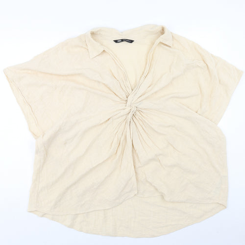 Zara Womens Beige Cotton Basic Blouse Size M Collared - Knot Front