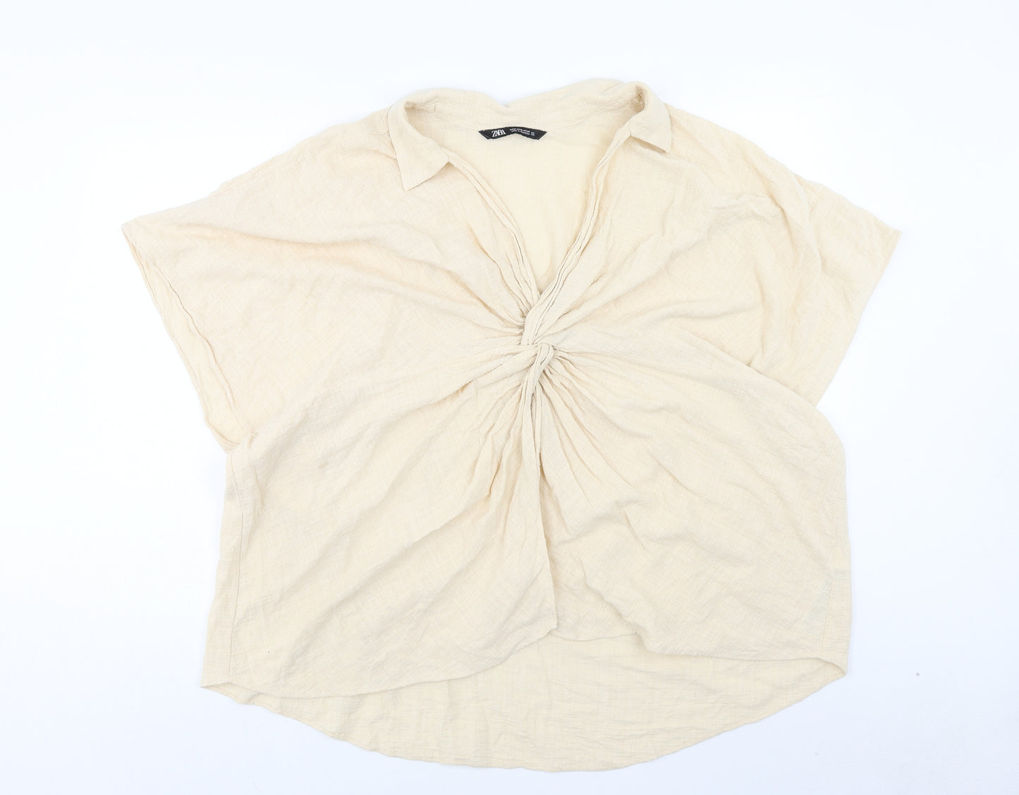 Zara Womens Beige Cotton Basic Blouse Size M Collared - Knot Front