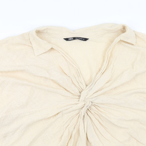 Zara Womens Beige Cotton Basic Blouse Size M Collared - Knot Front
