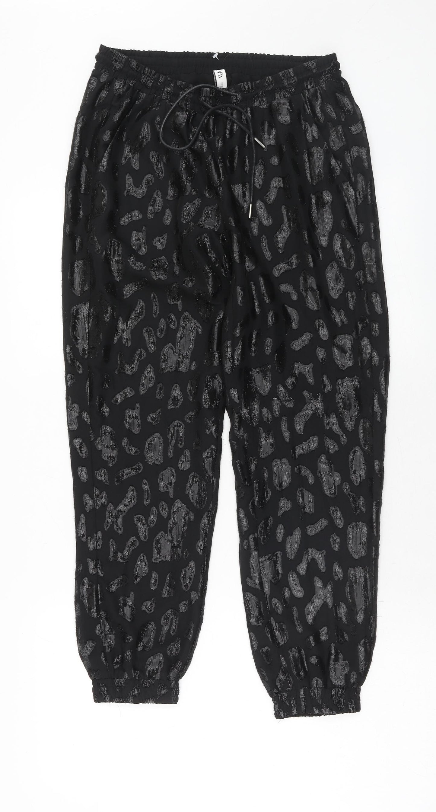 Zara Womens Black Animal Print Polyester Jogger Trousers Size S Regular Drawstring