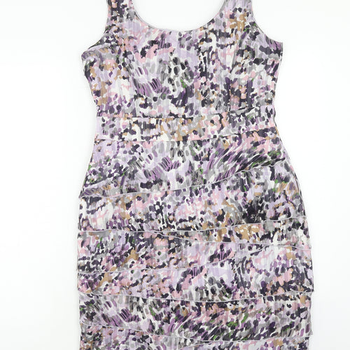 minuet Womens Purple Geometric Polyester A-Line Size 14 Round Neck Zip