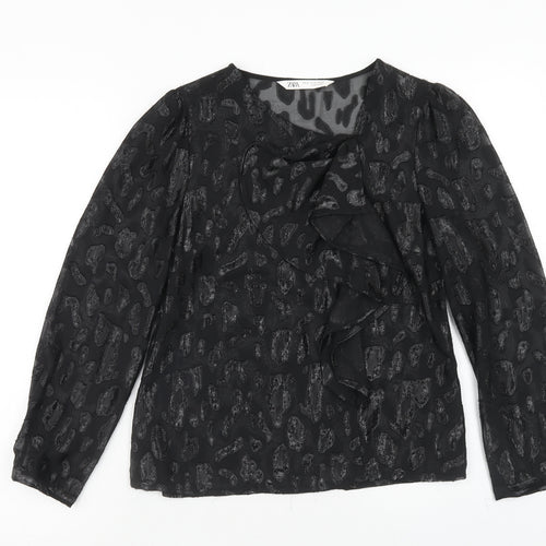 Zara Womens Black Animal Print Polyester Basic T-Shirt Size XS Round Neck - Leopard Print