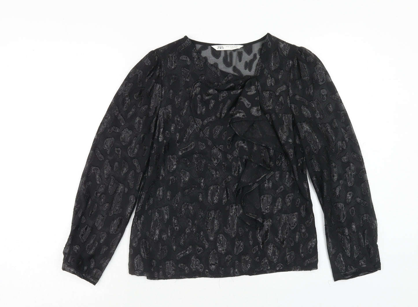 Zara Womens Black Animal Print Polyester Basic T-Shirt Size XS Round Neck - Leopard Print