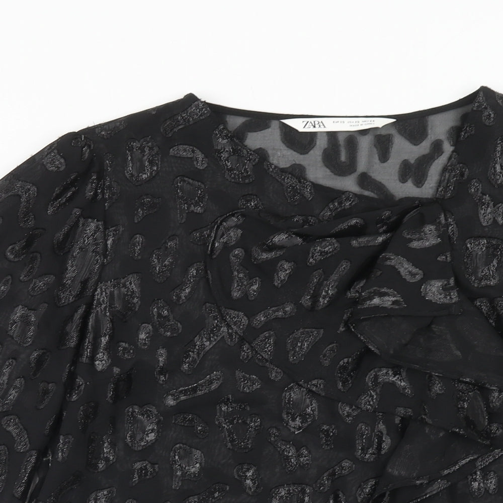 Zara Womens Black Animal Print Polyester Basic T-Shirt Size XS Round Neck - Leopard Print