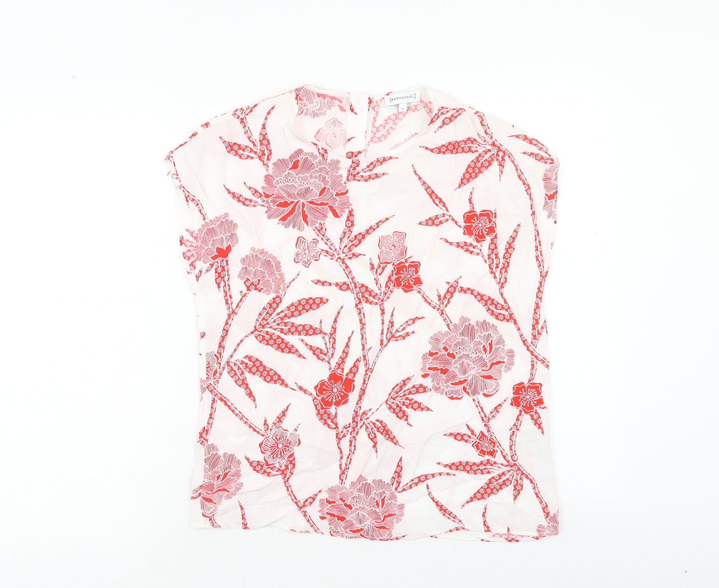 Warehouse Womens Red Floral Viscose Basic T-Shirt Size 6 Round Neck