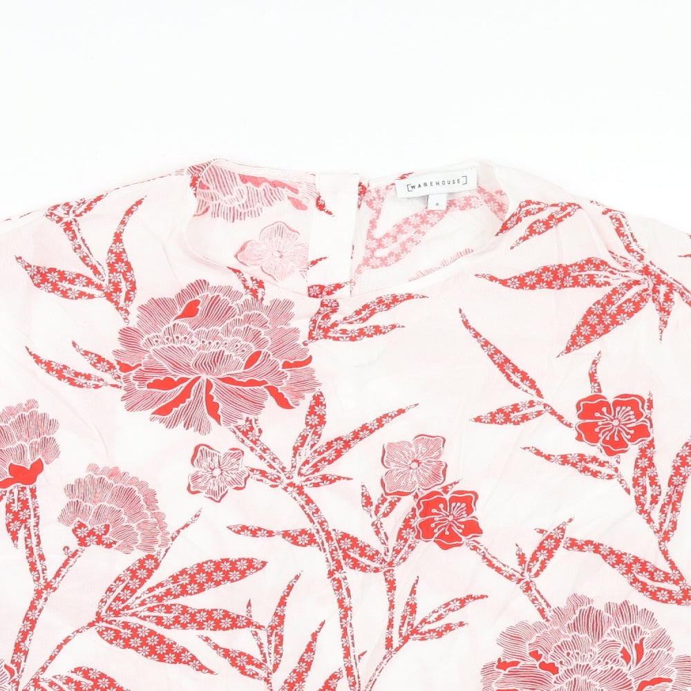 Warehouse Womens Red Floral Viscose Basic T-Shirt Size 6 Round Neck