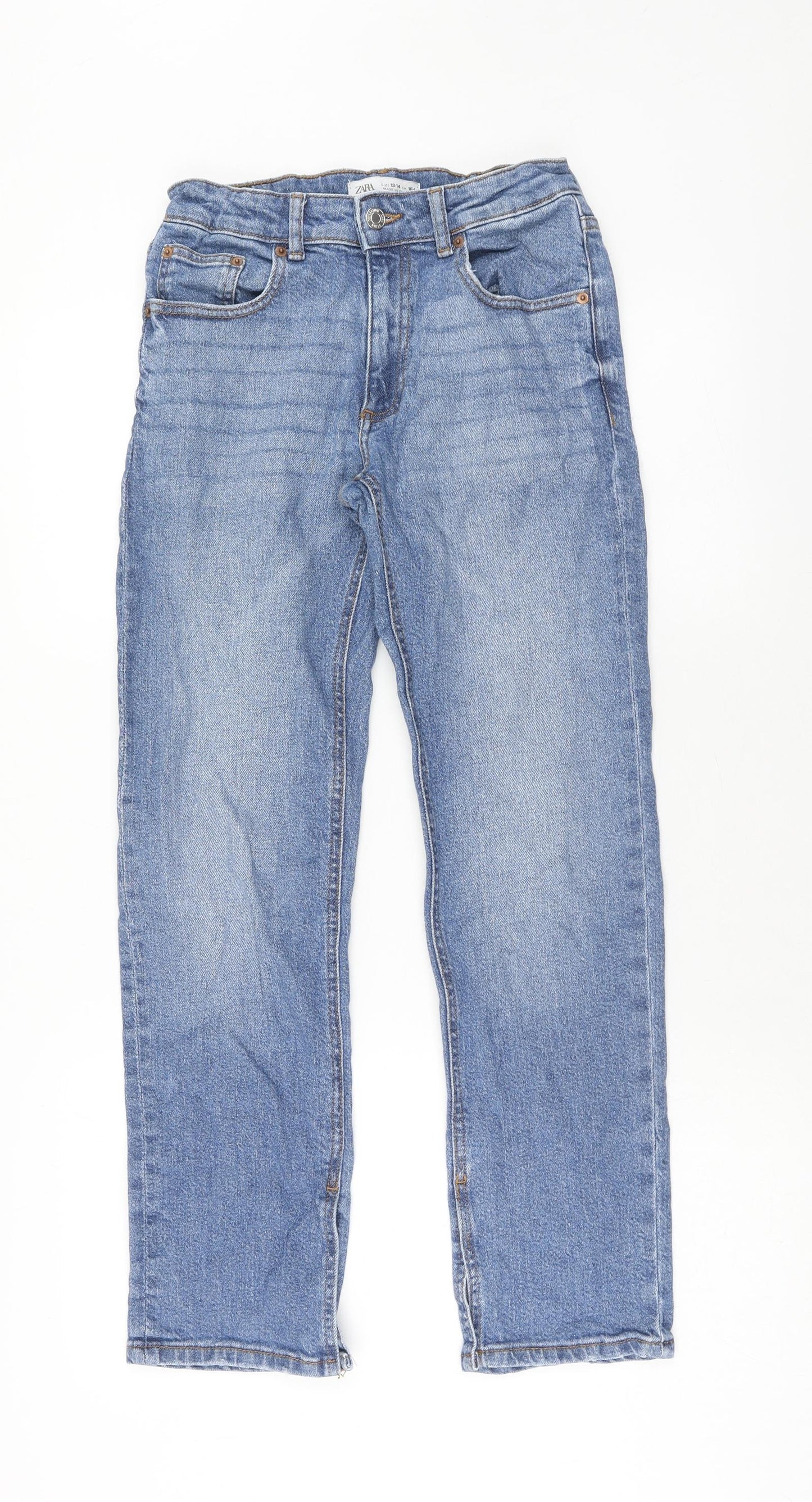 Zara Girls Blue Cotton Straight Jeans Size 13-14 Years Regular Zip