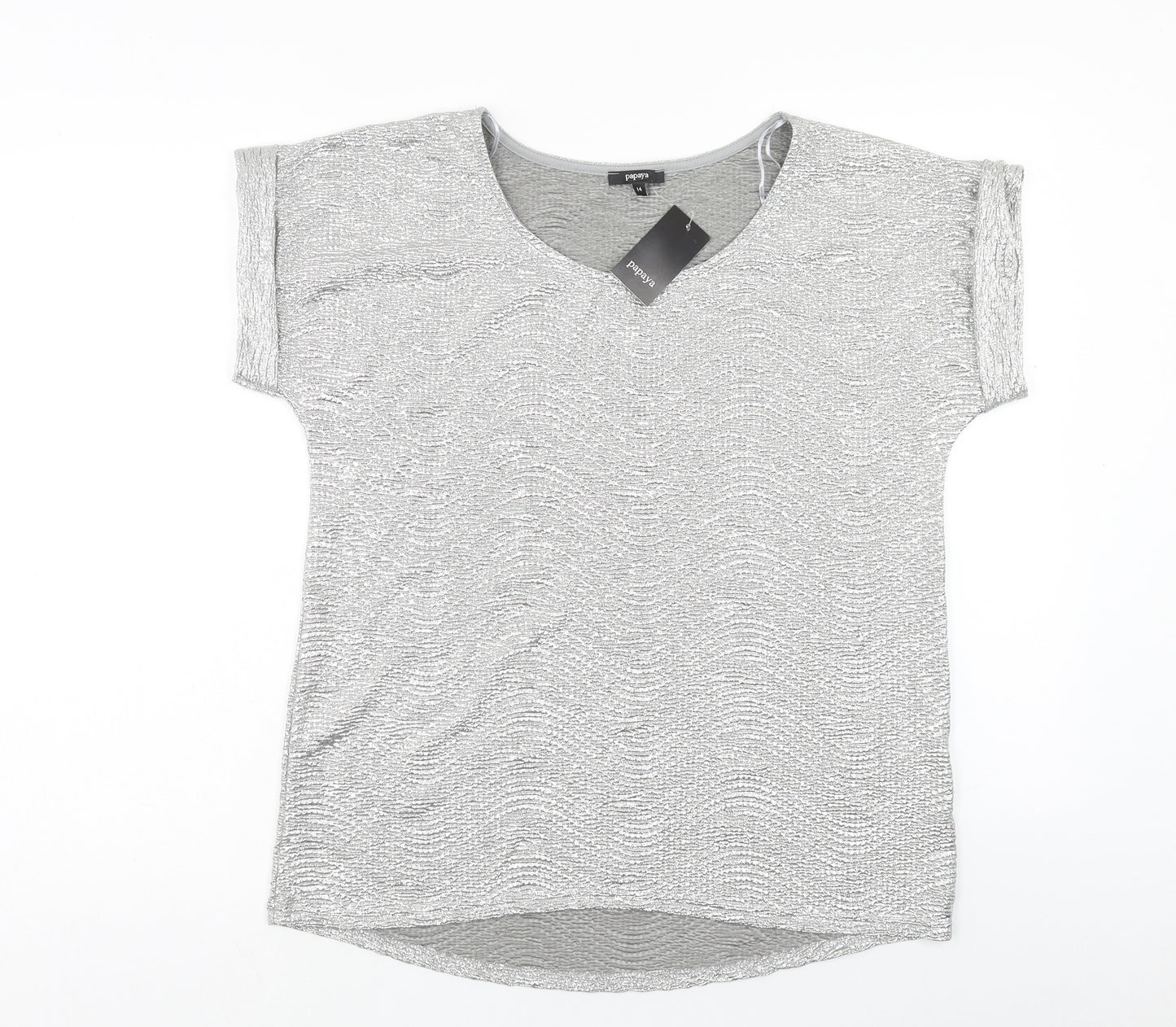 Papaya Womens Silver Polyester Basic T-Shirt Size 14 Scoop Neck - Metallic