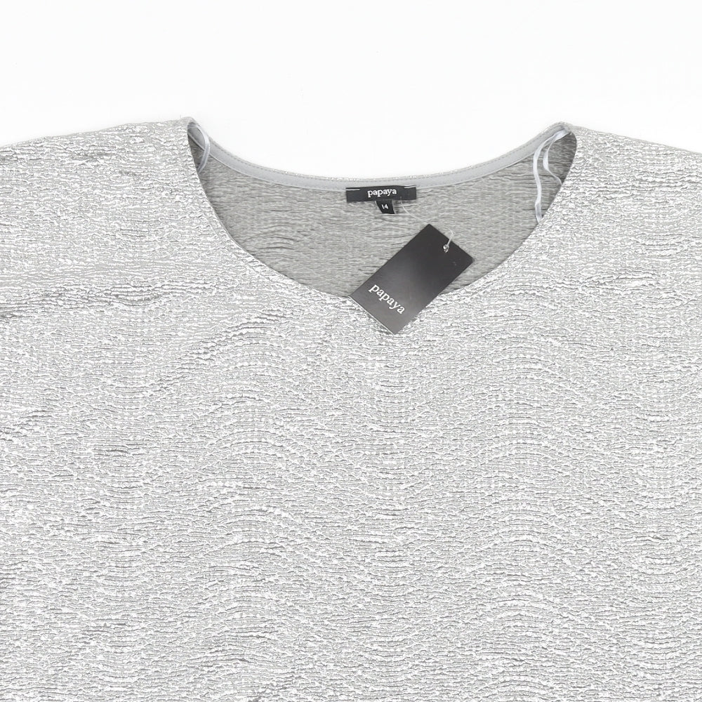 Papaya Womens Silver Polyester Basic T-Shirt Size 14 Scoop Neck - Metallic
