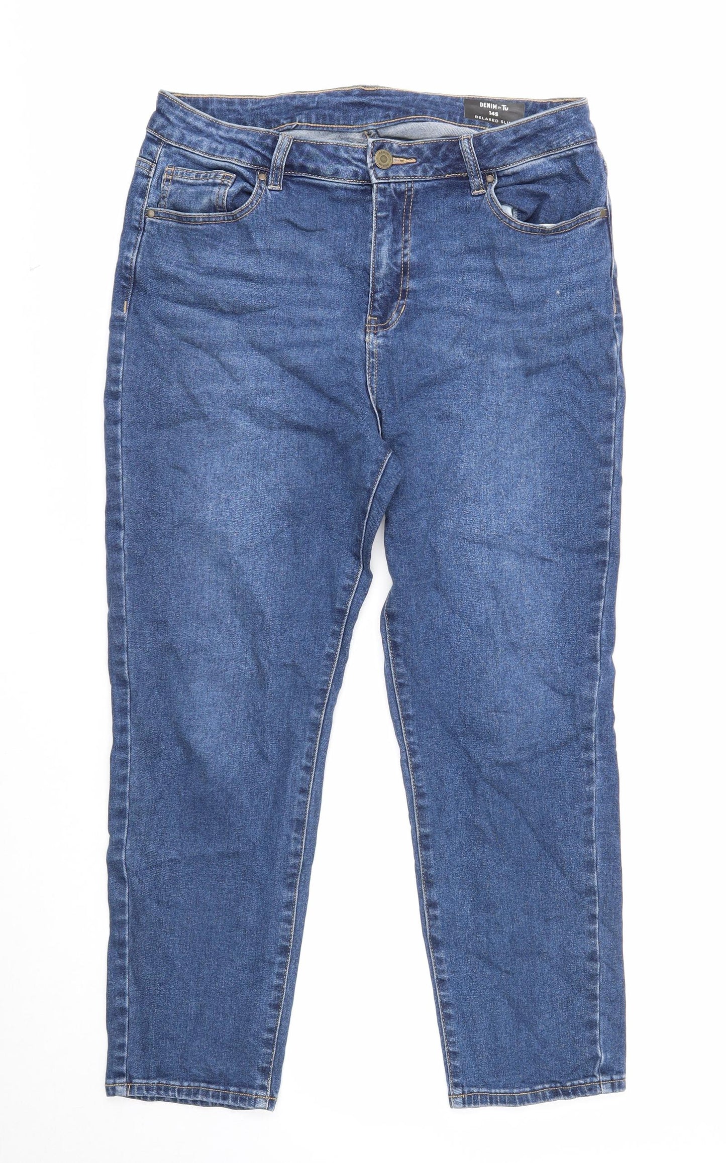 TU Womens Blue Cotton Straight Jeans Size 14 Regular Zip