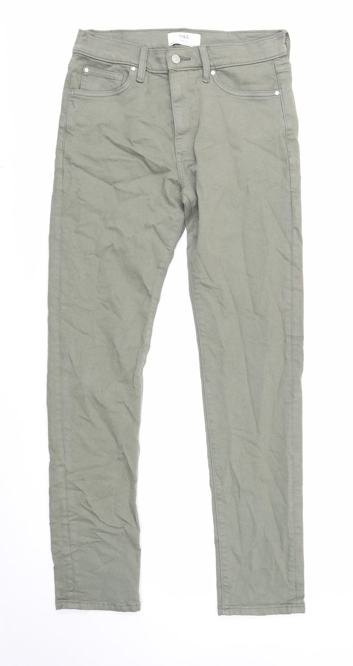 Marks and Spencer Mens Green Cotton Skinny Jeans Size 30 in L33 in Regular Zip