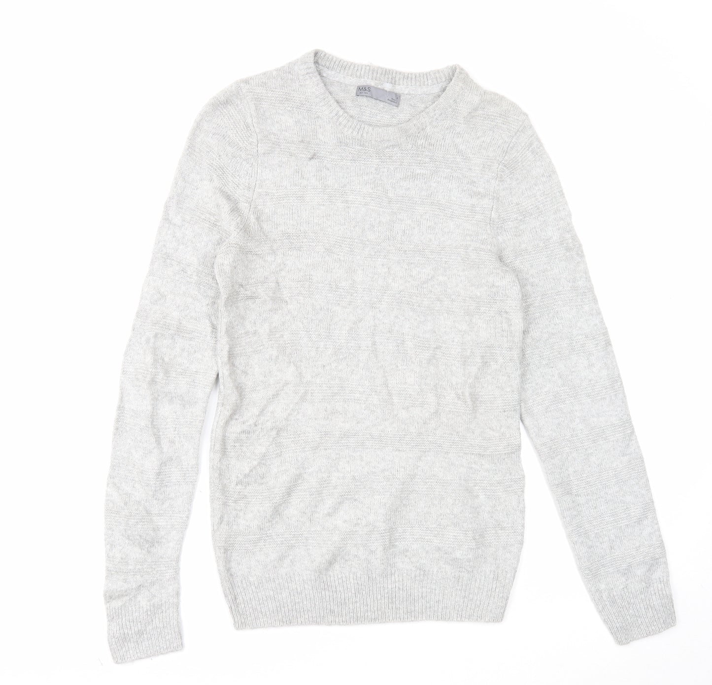 Marks and Spencer Mens Grey Round Neck Acrylic Pullover Jumper Size S Long Sleeve