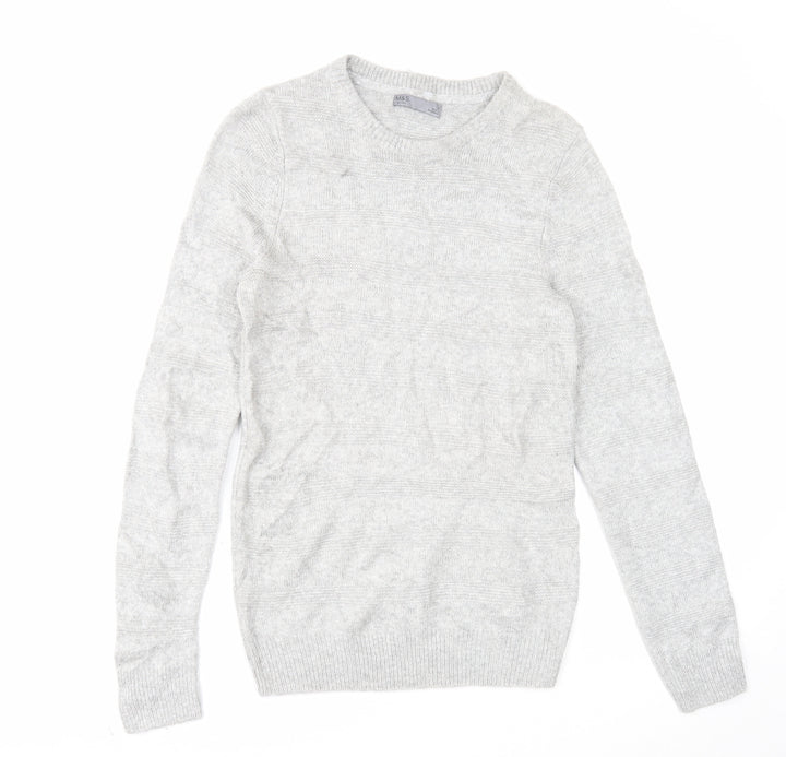 Marks and Spencer Mens Grey Round Neck Acrylic Pullover Jumper Size S Long Sleeve