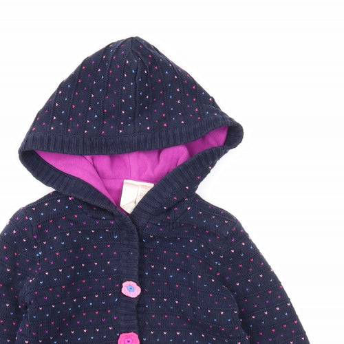 Strawberry Faire Girls Blue Round Neck Geometric Cotton Cardigan Jumper Size 3-4 Years Button