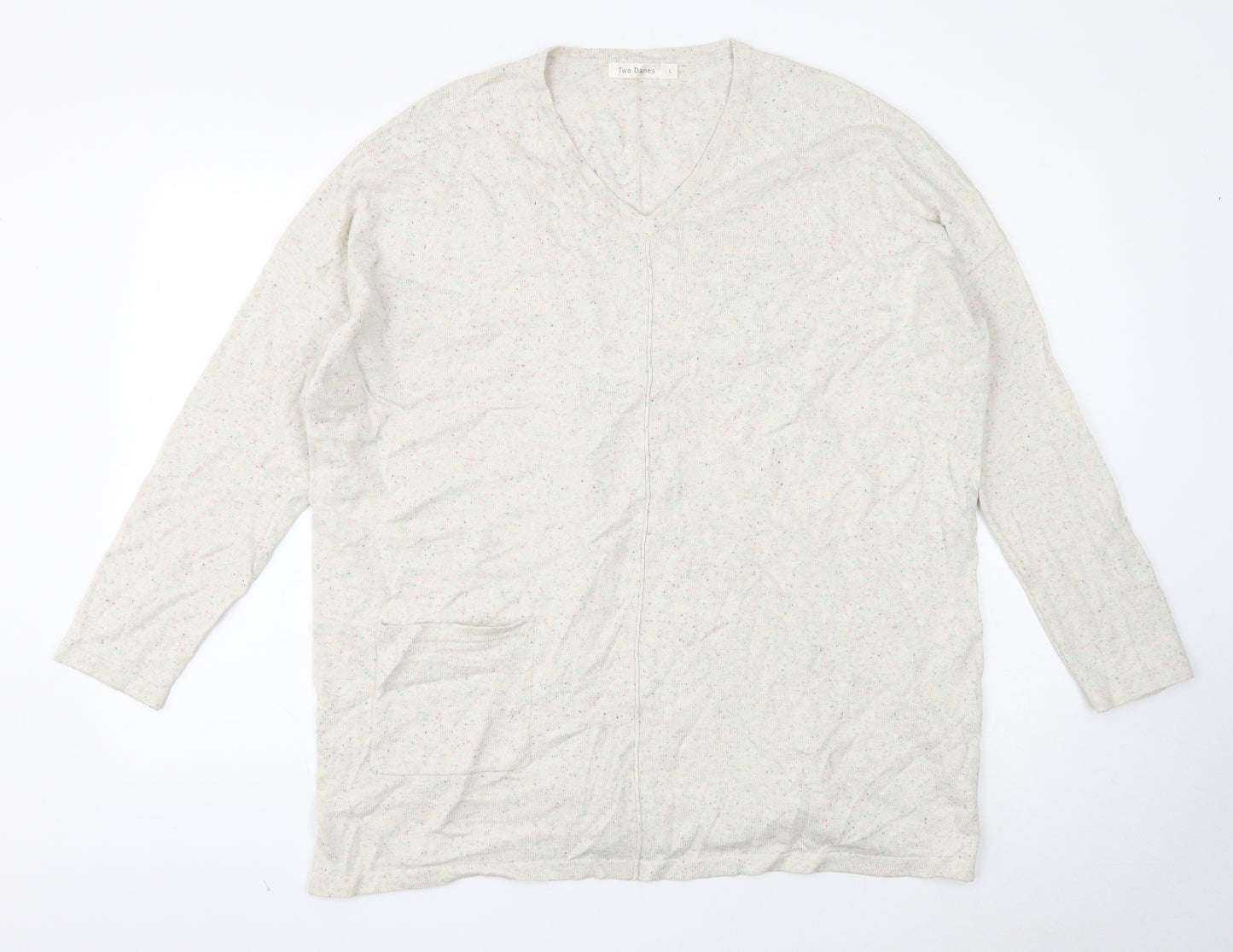 Two Danes Womens Ivory V-Neck Cotton Pullover Jumper Size L