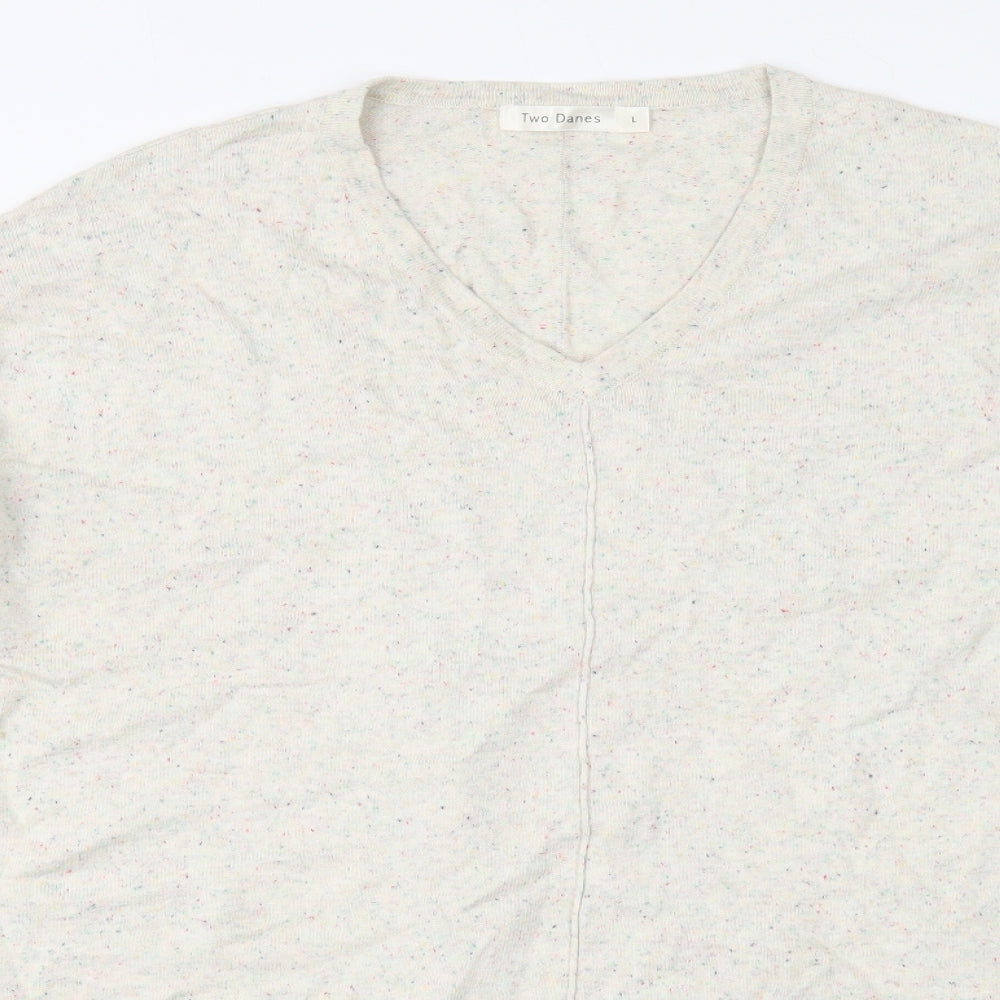 Two Danes Womens Ivory V-Neck Cotton Pullover Jumper Size L