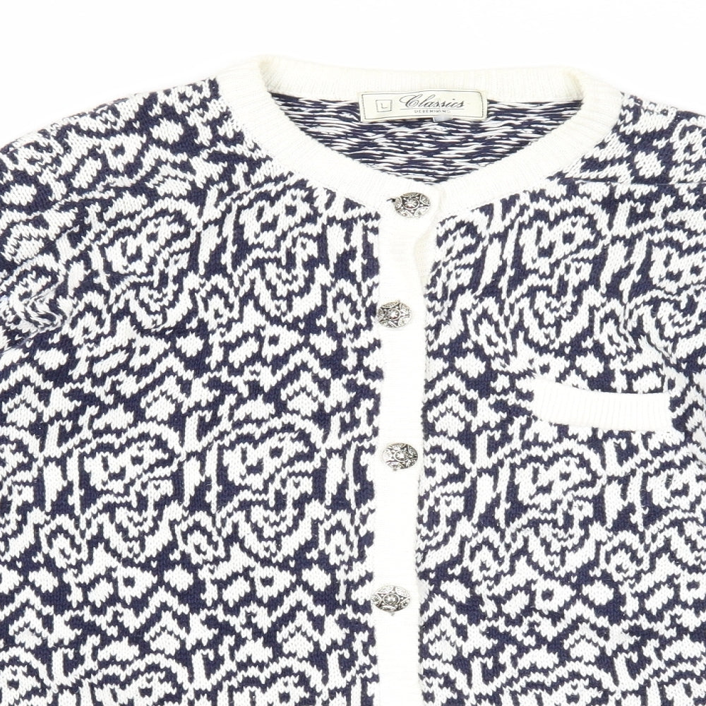 Debenhams Womens Blue Scoop Neck Geometric Cotton Cardigan Jumper Size L