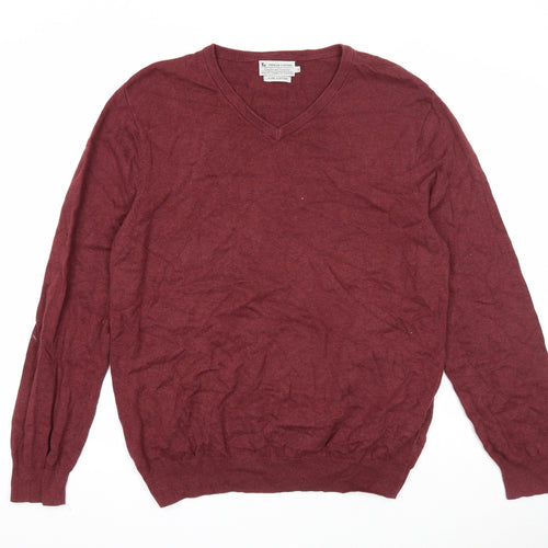 TU Mens Purple V-Neck Cotton Pullover Jumper Size L Long Sleeve