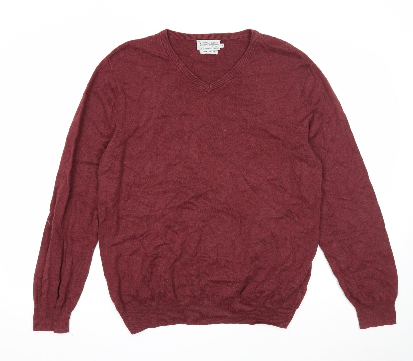 TU Mens Purple V-Neck Cotton Pullover Jumper Size L Long Sleeve