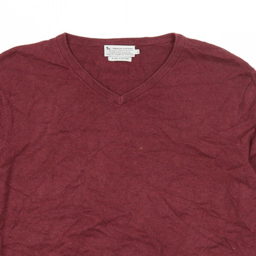 TU Mens Purple V-Neck Cotton Pullover Jumper Size L Long Sleeve