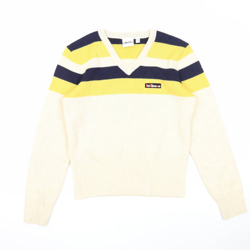 ellesse Womens Beige V-Neck Striped Viscose Pullover Jumper Size 14