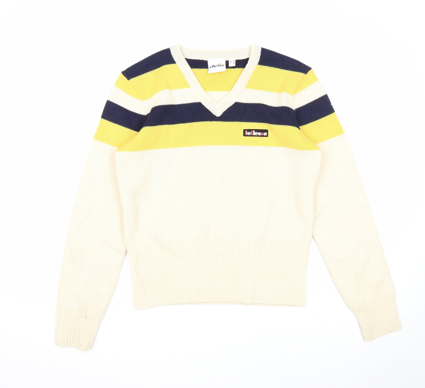 ellesse Womens Beige V-Neck Striped Viscose Pullover Jumper Size 14