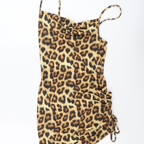 PRETTYLITTLETHING Womens Brown Animal Print Polyester Mini Size 8 Cowl Neck Pullover - Leopard Print
