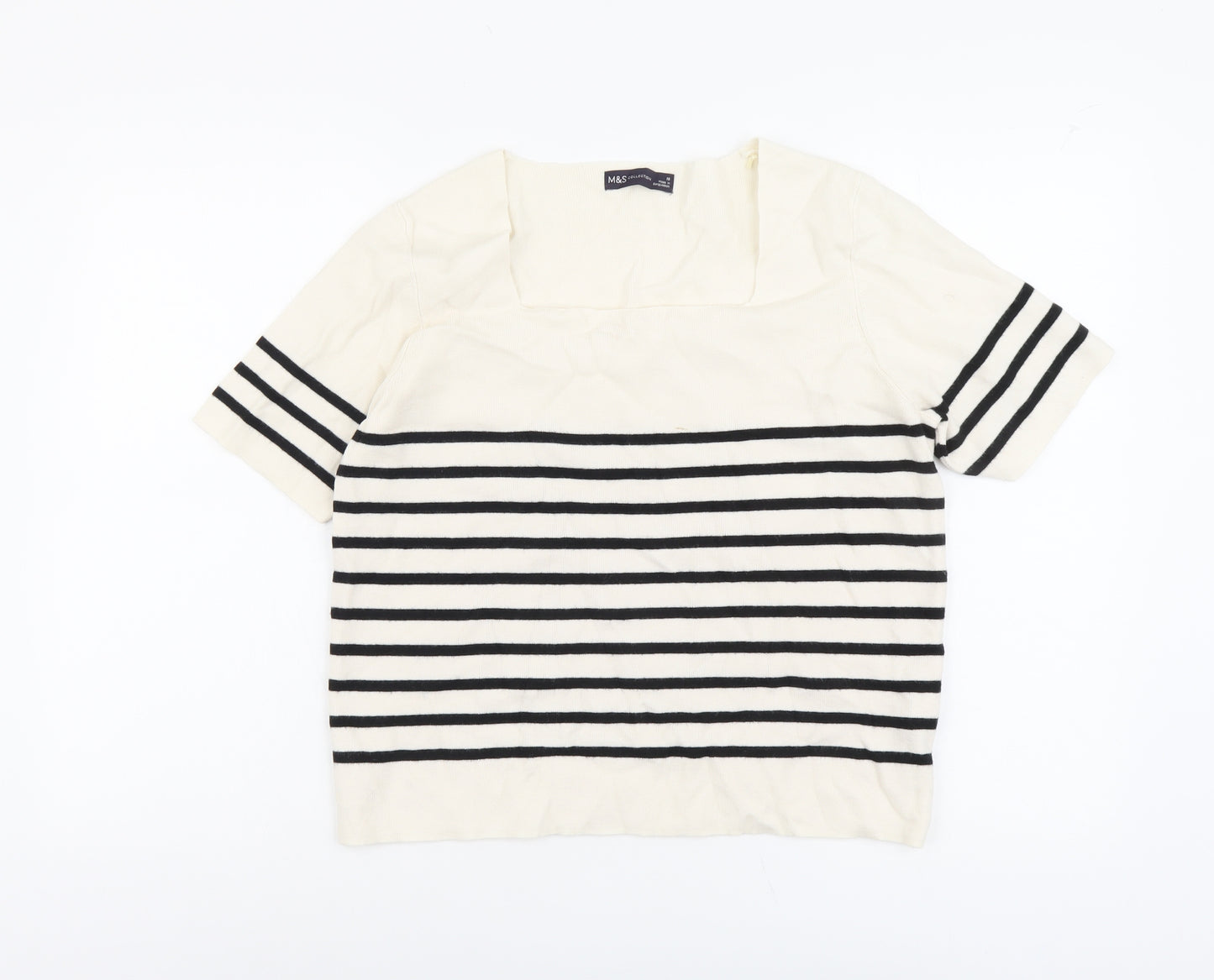 Marks and Spencer Womens Beige Square Neck Striped Polyester Pullover Jumper Size 18