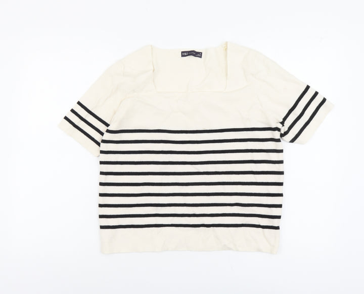 Marks and Spencer Womens Beige Square Neck Striped Polyester Pullover Jumper Size 18