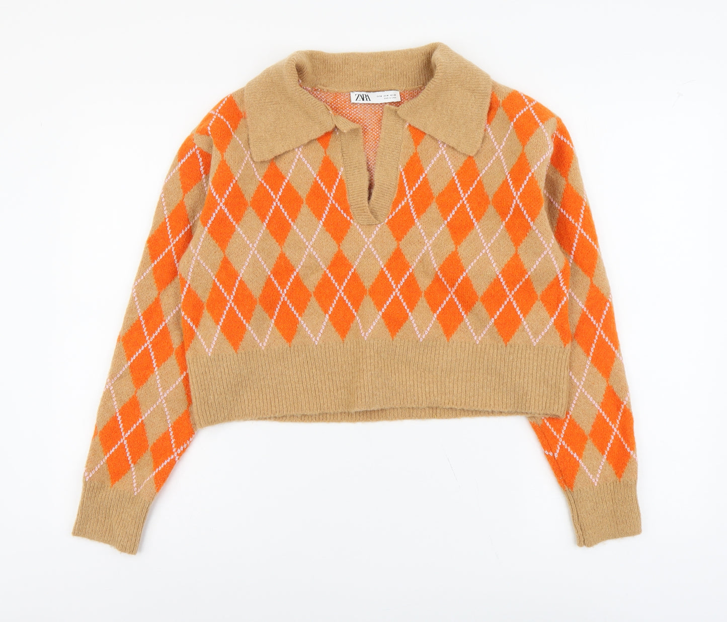 Zara Womens Brown Collared Argyle/Diamond Acrylic Pullover Jumper Size M - Cropped