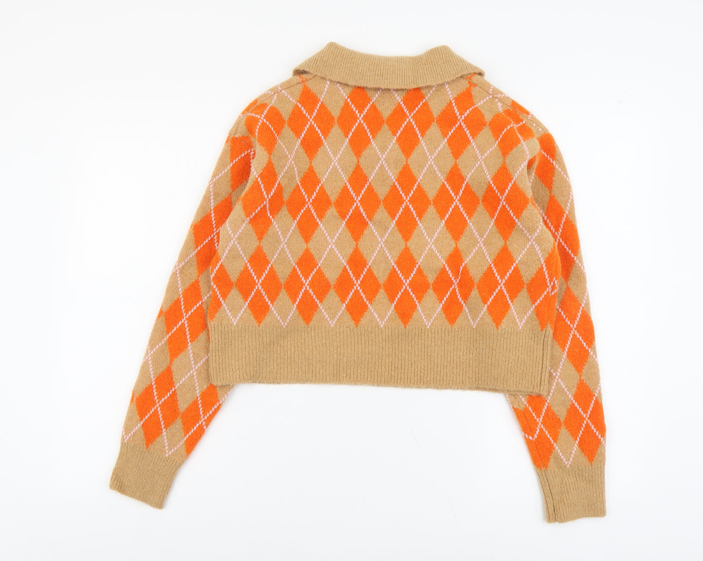 Zara Womens Brown Collared Argyle/Diamond Acrylic Pullover Jumper Size M - Cropped