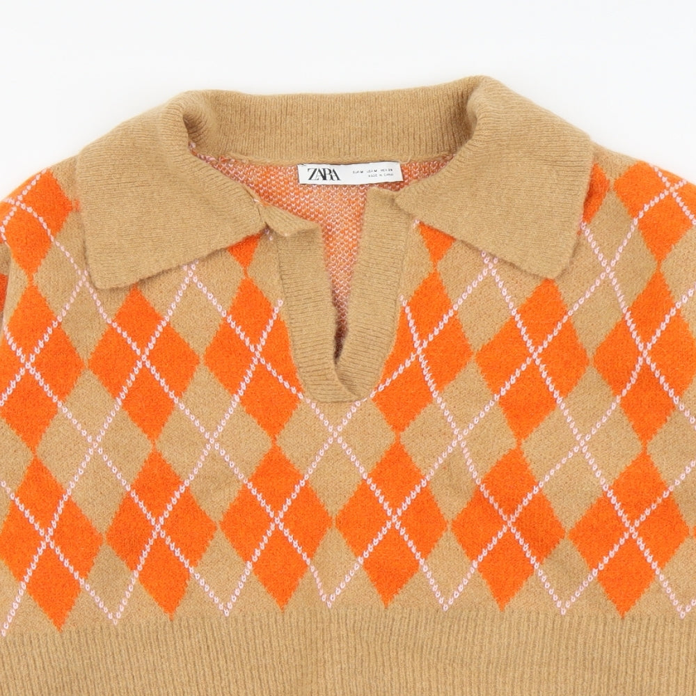 Zara Womens Brown Collared Argyle/Diamond Acrylic Pullover Jumper Size M - Cropped