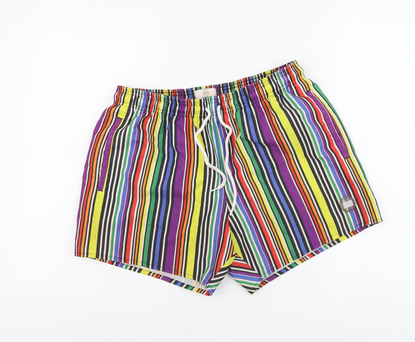 Topman Mens Multicoloured Striped Polyester Sweat Shorts Size M L6 in Regular Drawstring - Swim Shorts