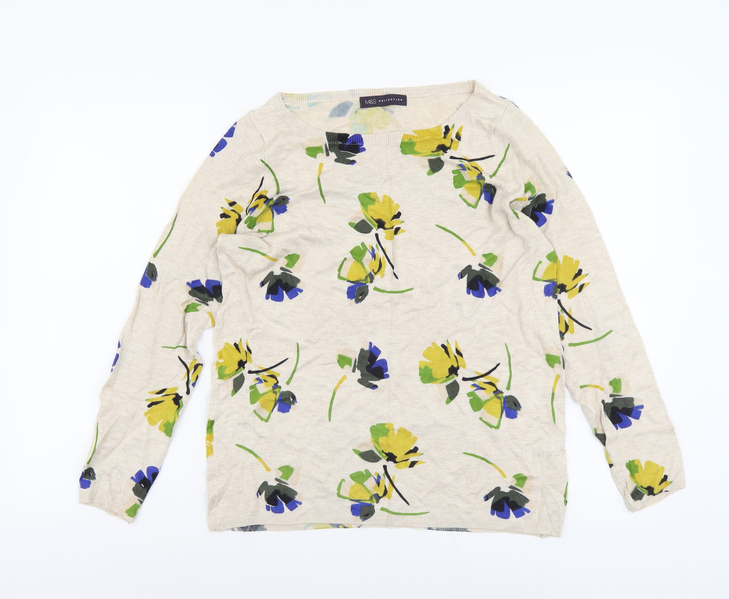 Marks and Spencer Womens Beige Boat Neck Floral Viscose Pullover Jumper Size 12