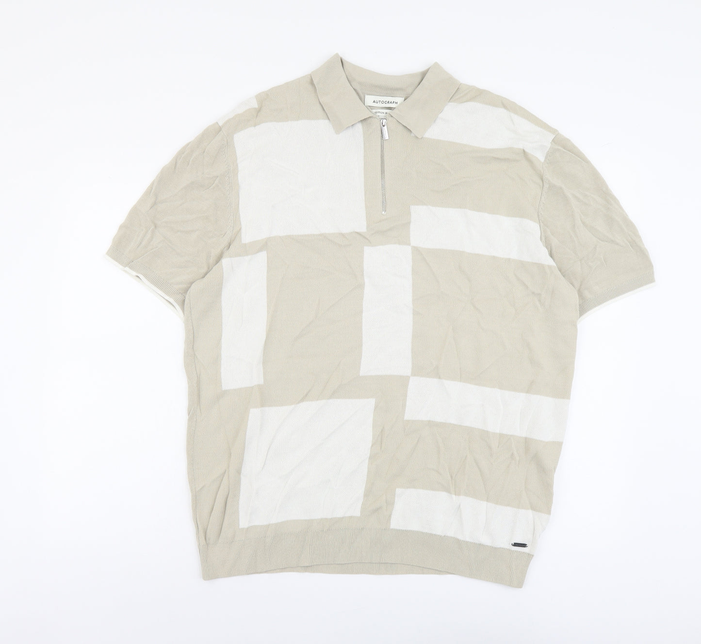 Autograph Mens Beige Geometric Viscose Polo Size 2XL Collared Zip