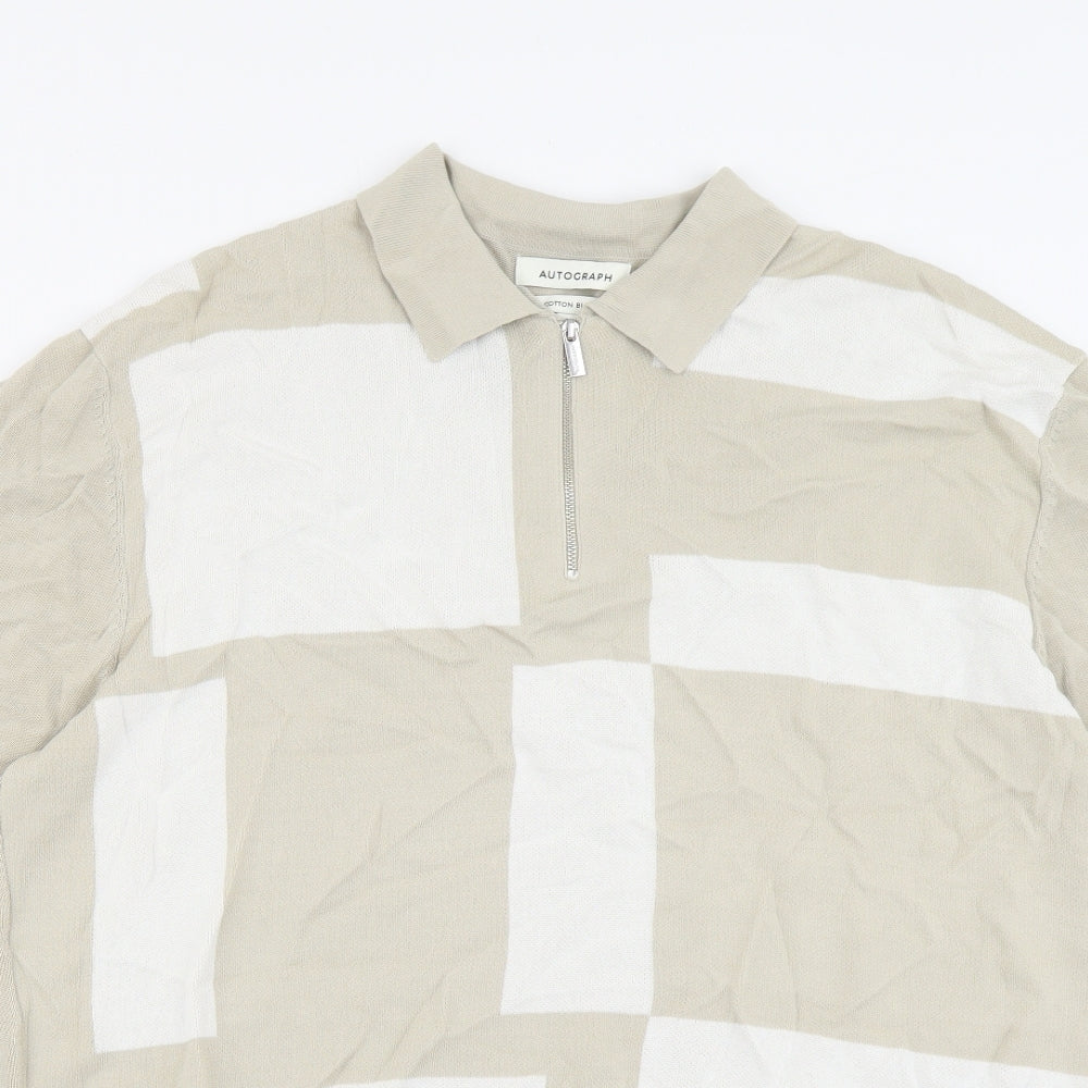 Autograph Mens Beige Geometric Viscose Polo Size 2XL Collared Zip