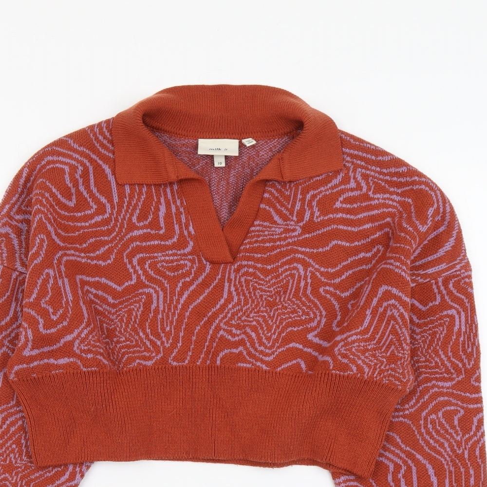 Milk It Womens Brown Collared Geometric Polyester Pullover Jumper Size 10 - Cropped Stars