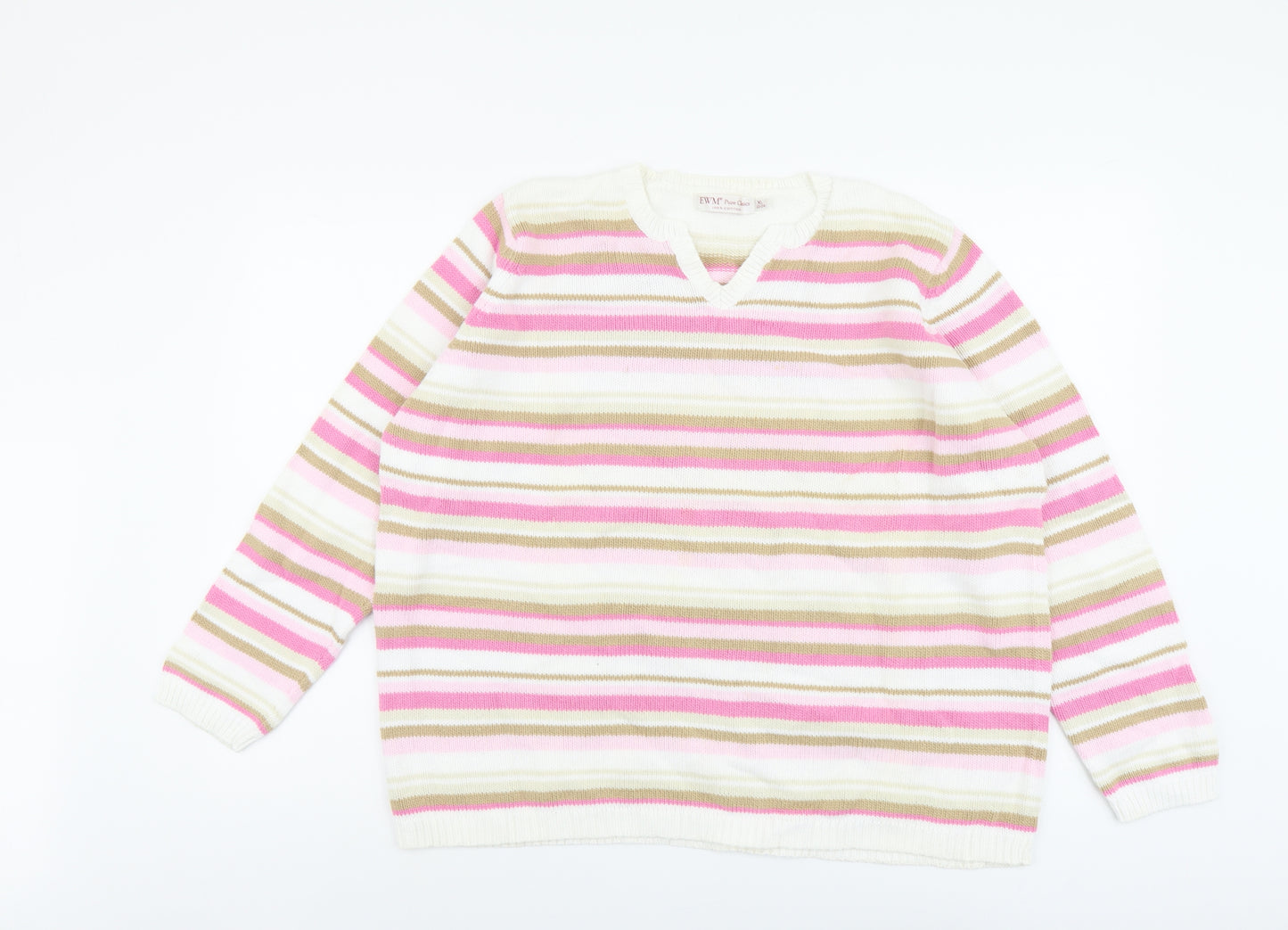 EWM Womens Multicoloured V-Neck Striped Cotton Pullover Jumper Size XL