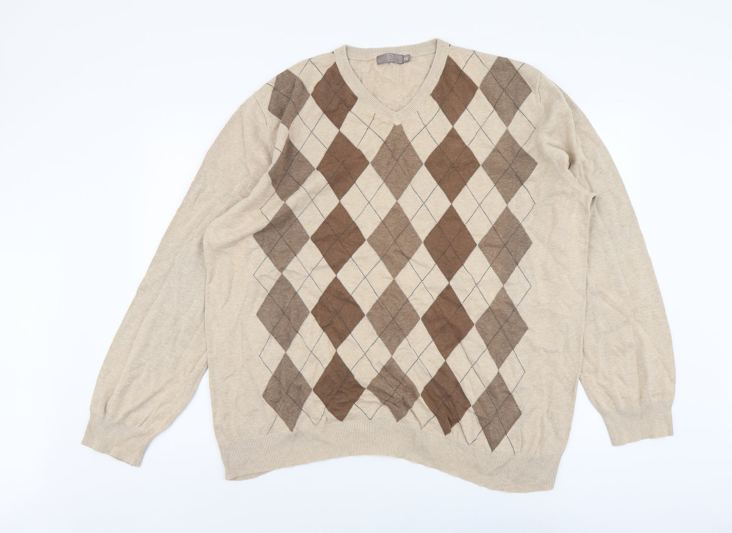 TU Mens Beige V-Neck Argyle/Diamond Cotton Pullover Jumper Size 2XL Long Sleeve