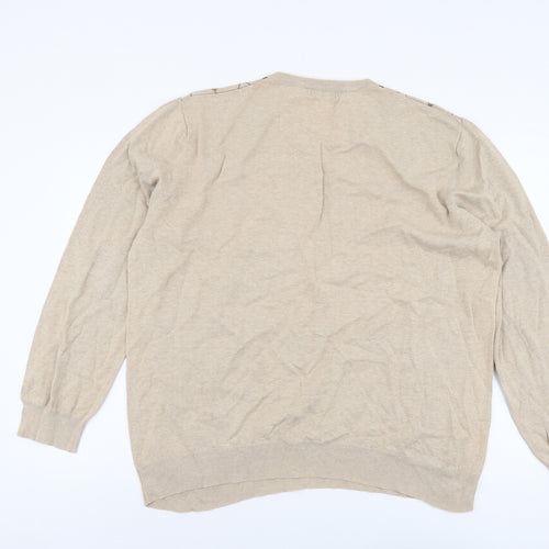 TU Mens Beige V-Neck Argyle/Diamond Cotton Pullover Jumper Size 2XL Long Sleeve