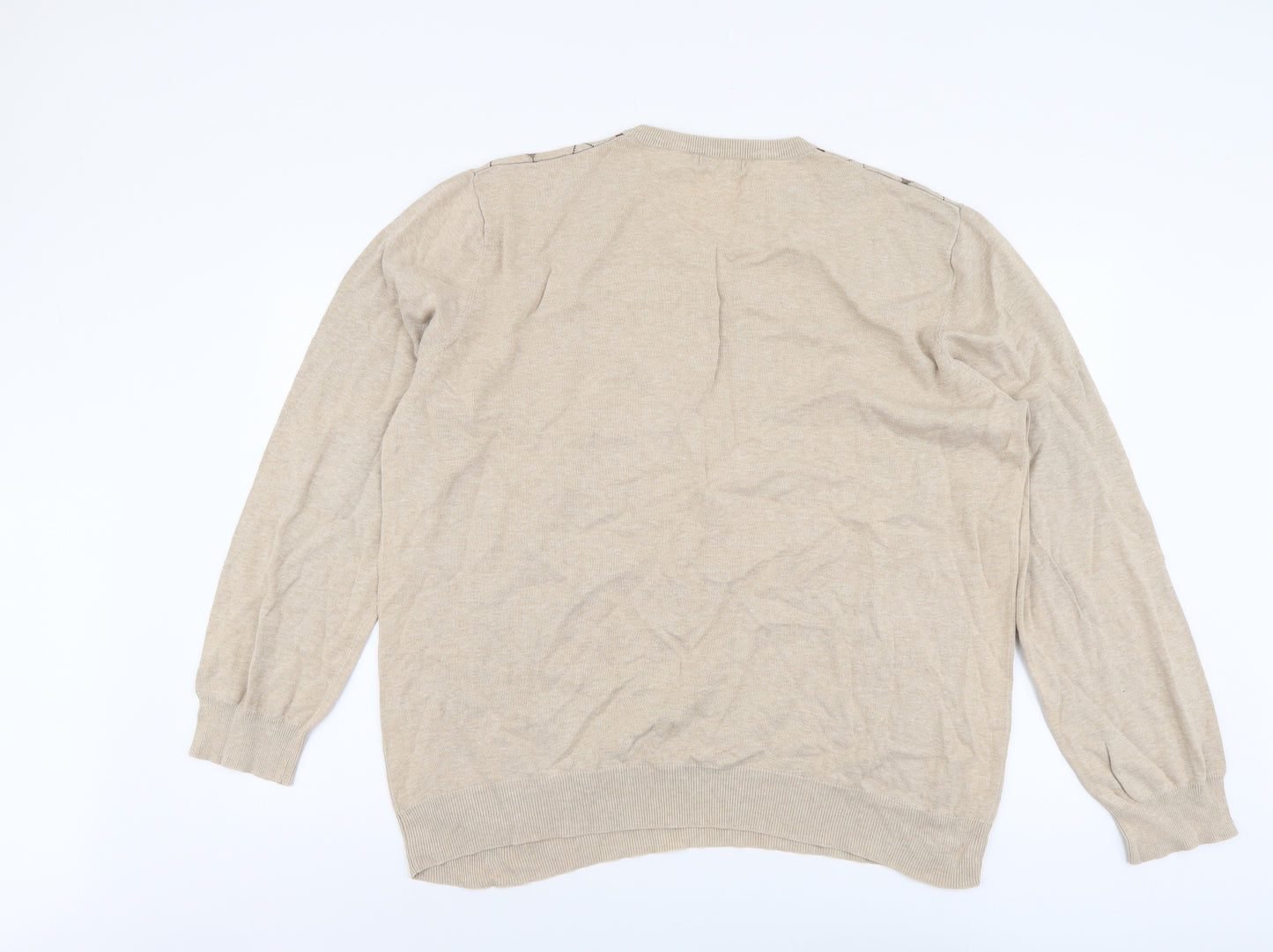 TU Mens Beige V-Neck Argyle/Diamond Cotton Pullover Jumper Size 2XL Long Sleeve