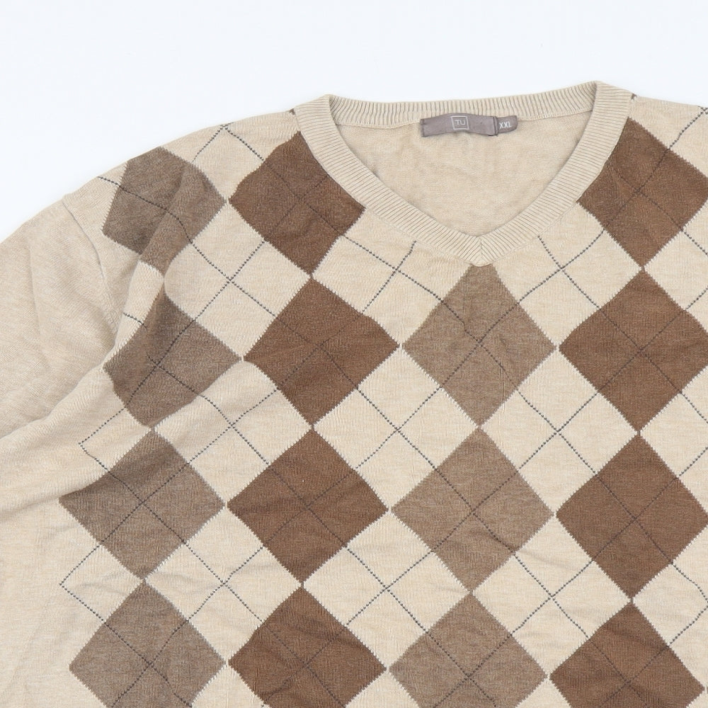 TU Mens Beige V-Neck Argyle/Diamond Cotton Pullover Jumper Size 2XL Long Sleeve