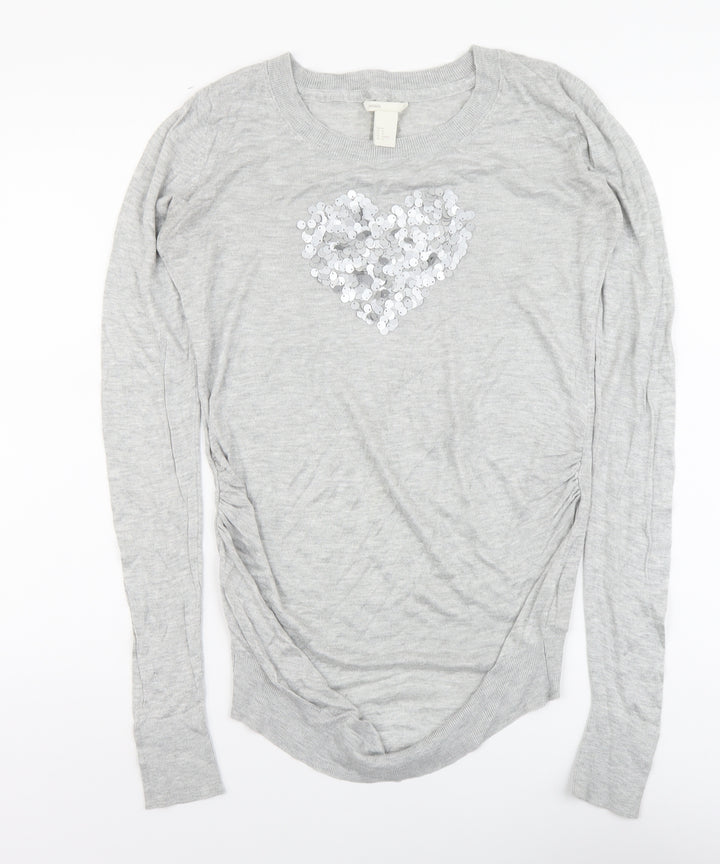 H&M Womens Grey Round Neck Acrylic Pullover Jumper Size M - Love Heart