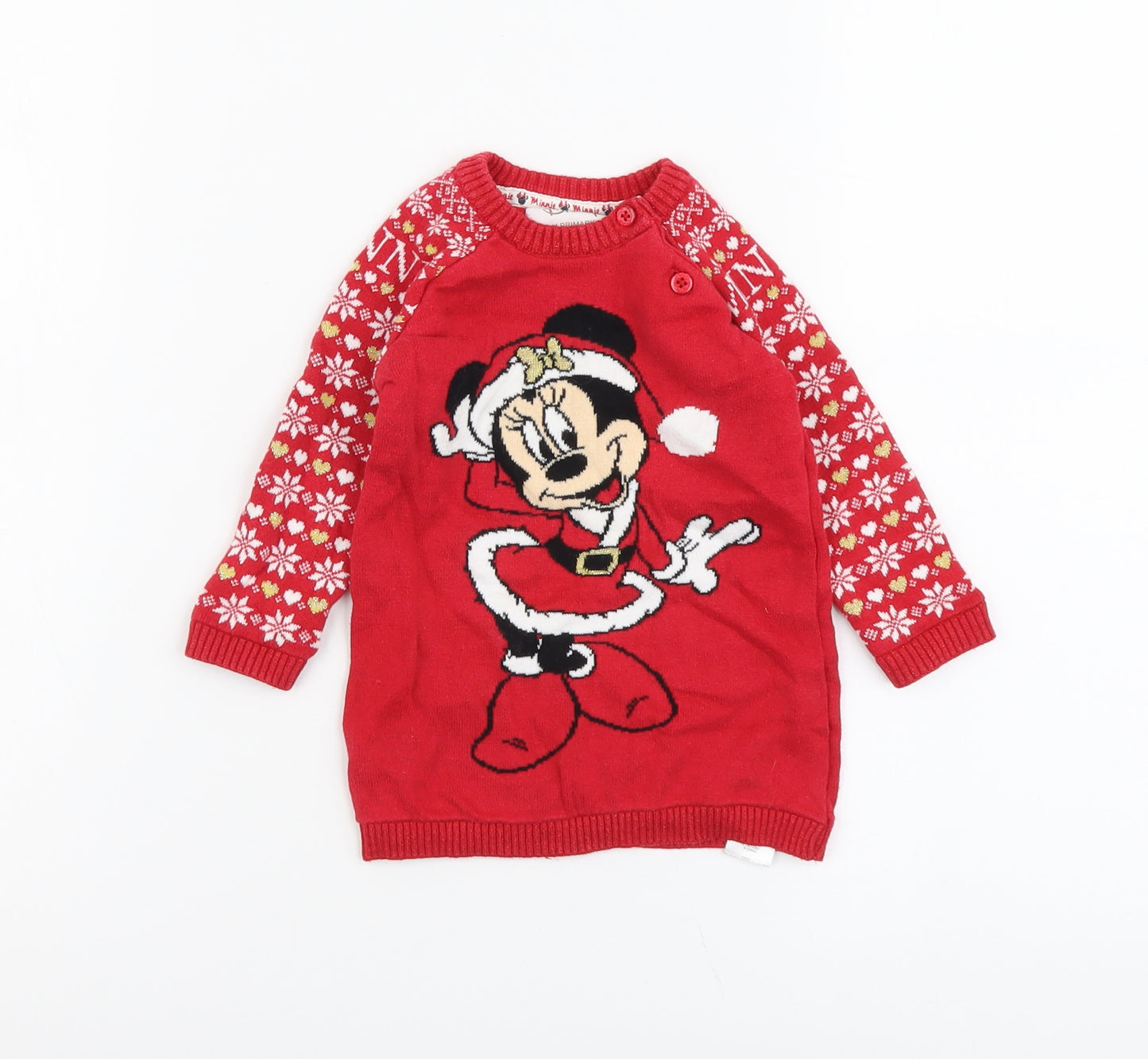 Primark Girls Red Fair Isle Cotton Pullover Jumper Size 6-9 Months Button - Minnie Mouse Christmas
