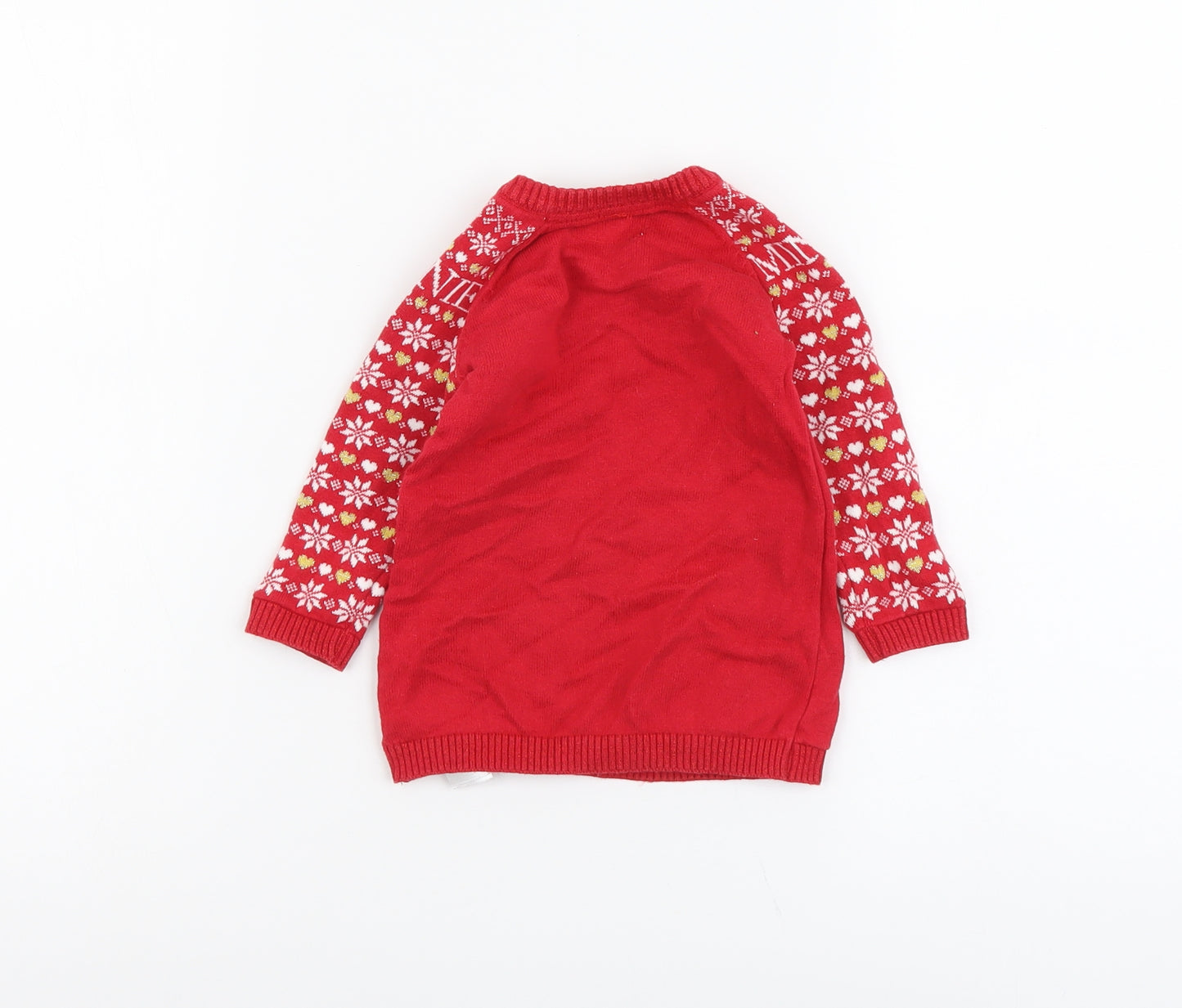 Primark Girls Red Fair Isle Cotton Pullover Jumper Size 6-9 Months Button - Minnie Mouse Christmas