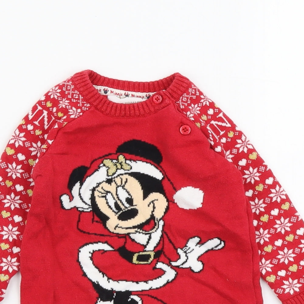 Primark Girls Red Fair Isle Cotton Pullover Jumper Size 6-9 Months Button - Minnie Mouse Christmas