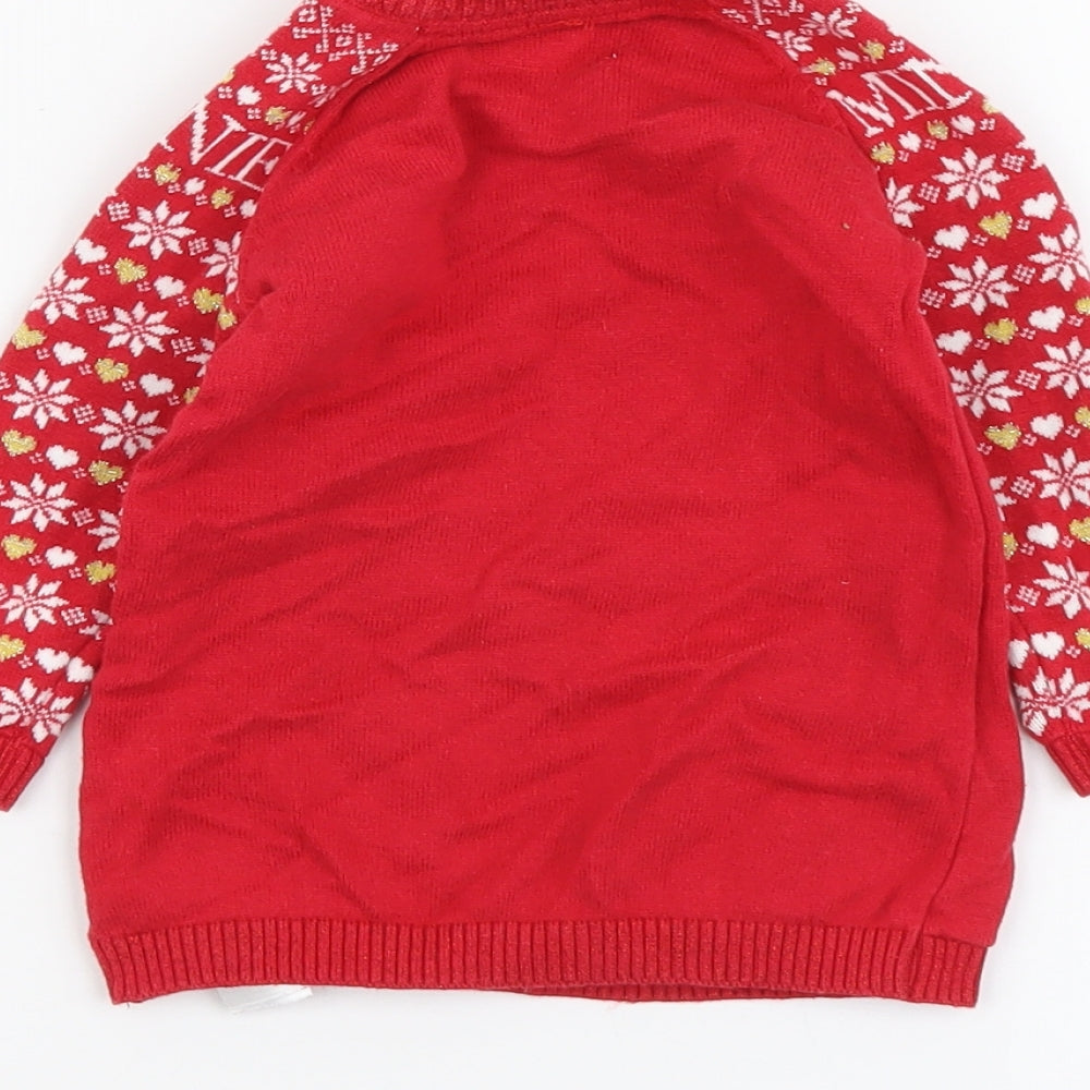 Primark Girls Red Fair Isle Cotton Pullover Jumper Size 6-9 Months Button - Minnie Mouse Christmas